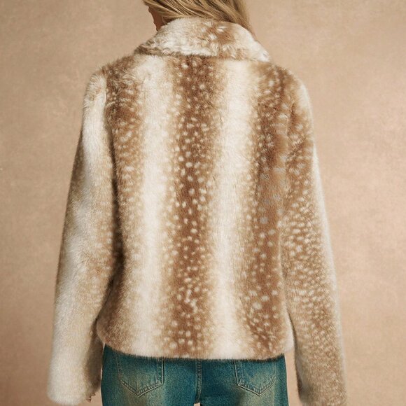 Brown Preppy faWomen's Animal Print Faux Fur Loose Turndown Collar Jacket - Picture 2 of 6